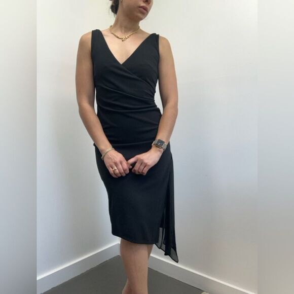 Express Vintage 90's/Y2K Black Asymmetric Ruched Sleeveless V-neck Dress Size S - Picture 2 of 9